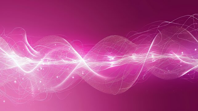 Pink wave background with rose magnetic smoke flare and light red sound frequency swirls, creating a dynamic abstract design with purple glitter effects, ideal for music and technology themes - Powered by Adobe