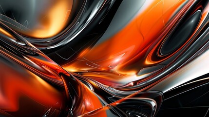 Abstract metallic surface with flowing orange and black reflections