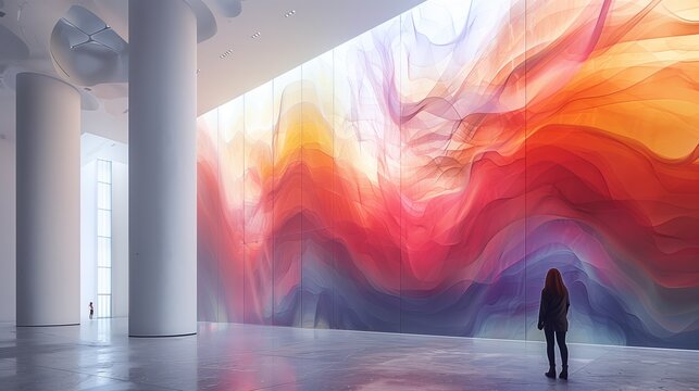 A Woman Contemplates a Large Abstract Artwork in a Modern Gallery