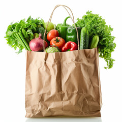 Supermarket Paper Bag Full of Healthy Food, Groceries, Fresh Fruits and Vegetables, Organic Products, Shopping Bag Isolated on White Background