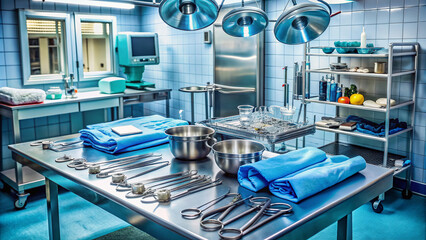 Sterile operating theatre with surgical instruments, gloves, and medication laid out on a metal table, ready for a complex medical procedure to begin.