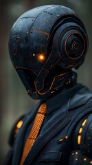 Fototapeta premium Portrait of Artificial intelligence robot wearing black suit with orange necktie business uniform working on computer. background gradient dark
