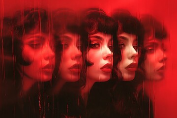 multiple copies of her digital self, neon red on background, the copies have different facial expressions