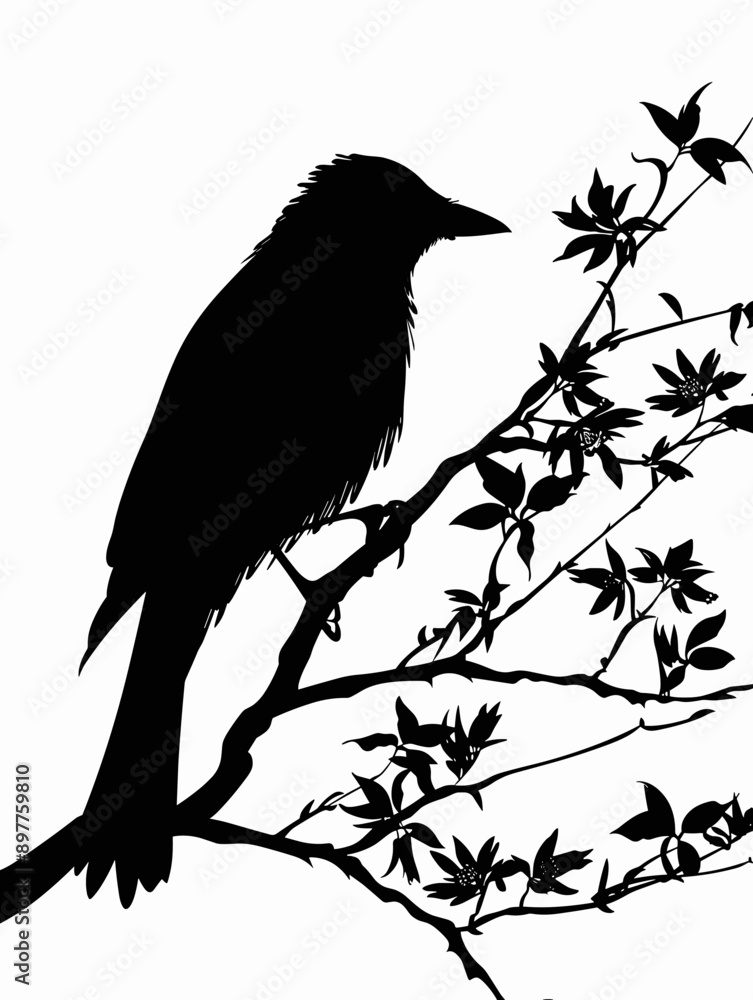Poster silhouette of a bird sitting on a branch of a tree.