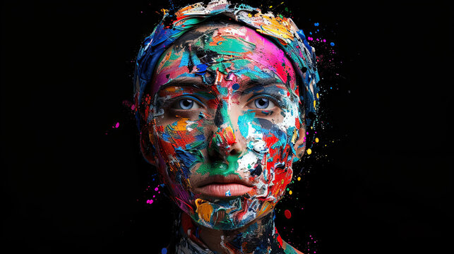 Woman Covered in All Colors of Paint, 3D Render, Isolated on Black Background, Vibrant Artistic Expression, Colorful Body Paint, Creative Artwork