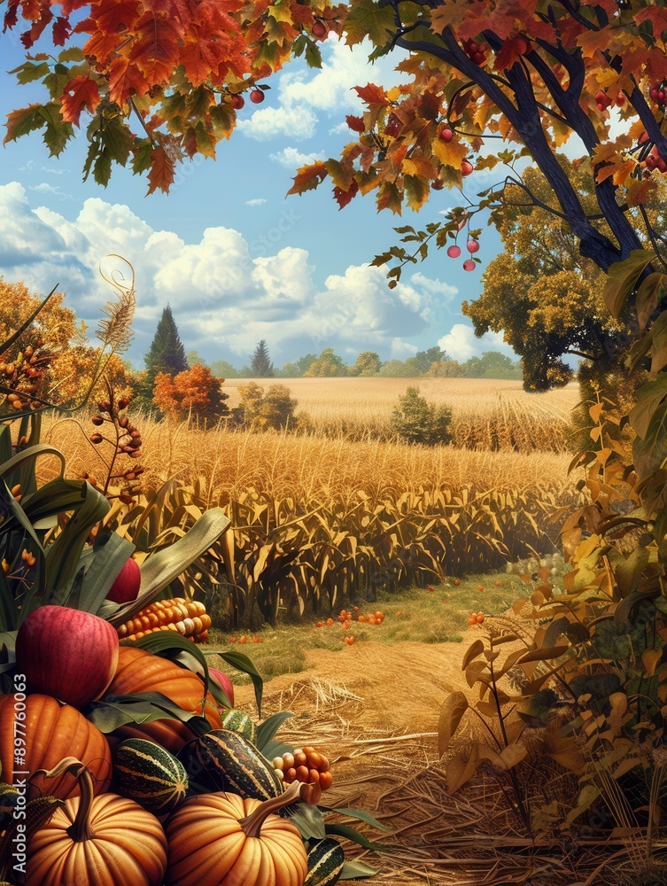 Poster a view of a cornfield with rows of cornstalks, pumpkins, and apples, all harvested in the fall. the 