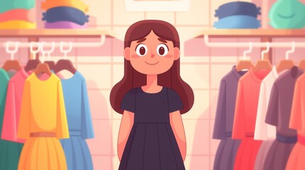 Smiling girl in a black dress shopping in a clothing store, cartoon illustration.
