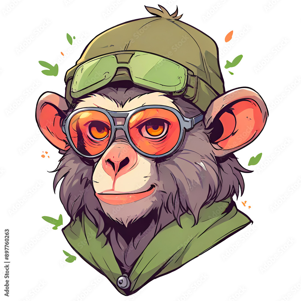 Sticker A cartoon monkey wearing a green hat and sunglasses