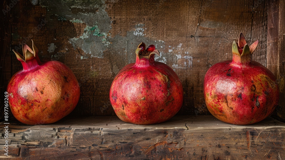 Poster three ripe pomegranates on a rustic wooden surface, their red hues and intricate textures stand out 