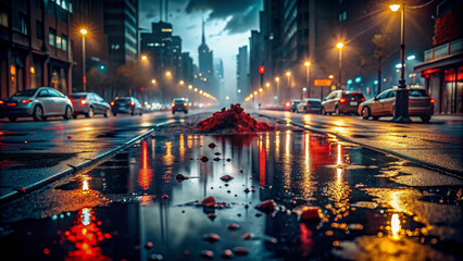 Dark puddle of blood on wet asphalt road, surrounded by scattered debris, with eerie reflections of city lights, conveying a sense of violence and foreboding.