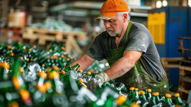 Elderly caucasian male worker sorting glass bottles for recycling in a factory during the day wearing an orange cap and green overalls focused on the task with industrial background