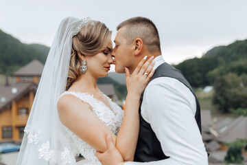 A bride and groom are embracing each other on a hillside