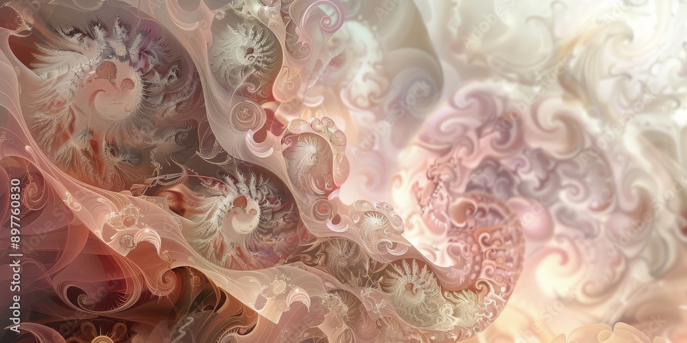 Poster Visual art in captivating pastel shades with ethereal spirals and dreamy waves, designed in intricate fractal patterns