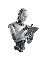 A 3D robot figure isolated on a white background, showcasing a futuristic, metallic design with a blend of technology and science elements