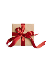 Red Ribbon Gift Box: A beautifully wrapped gift box with a red satin ribbon, symbolizing love, celebration, and a special occasion. The simple elegance of the brown paper and vibrant red ribbon create
