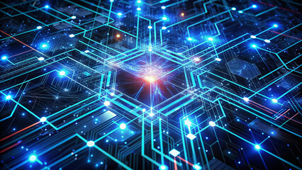 Abstract futuristic digital framework represented by intricate web of glowing blue lines and circuits on a dark background with subtle neon light effects.
