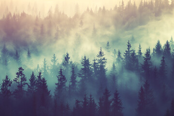 Misty landscape with fir forest in hipster vintage retro style