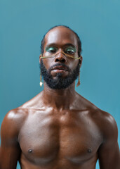 Shirtless black gay man with blue eyeshadows and golden accessory on face. Closeup portrait of handsome adult transgender with serious expression on face against blue background.