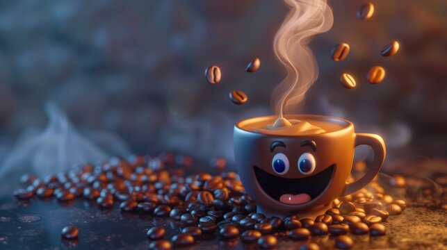 Perky coffee buddy: 3d cute cartoon happy coffee bean character with steam - adding charm to your day with a lovable animated coffee bean, exuding happiness and warmth from a full cup of joe.