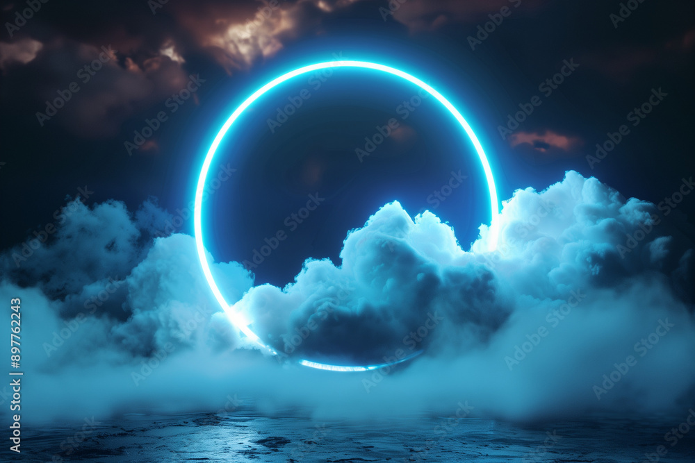 Aufkleber 3d render, abstract cloud illuminated with neon light ring on dark night sky. glowing geometric shap