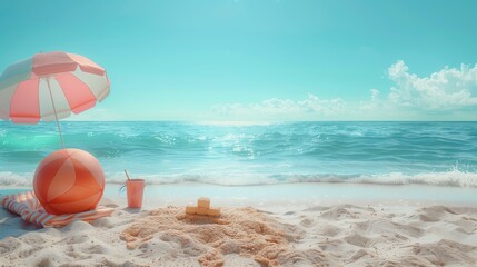 Naklejka premium Beach Umbrella and Beach Ball on Sandy Shore With Ocean Waves