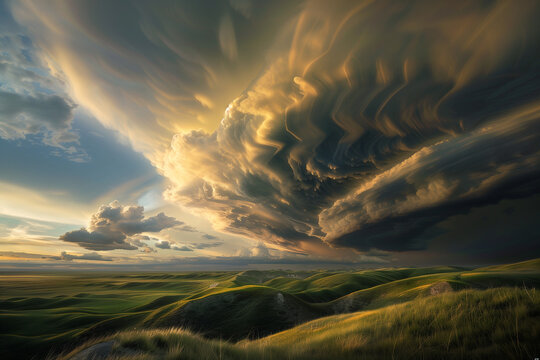 Sculpted super-cell, a mesocyclone weather formation thunderstorm clouds, drifting majestically across the Nebraska sand hills.
