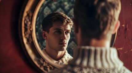 Obraz premium Man on mirror. Self care concept. Reflection in mirror. Concept of depression, suicide, stress, mental illness, loneliness and frustration