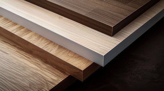Close-up of chipboard coated with high-quality wood veneer. Medium-density pressed wood particle board for furniture manufacturing.