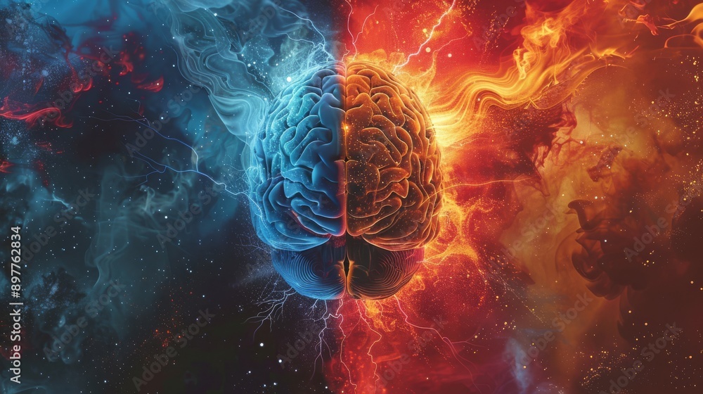Poster abstract depiction of a brain split into calm blue and chaotic fire, representing duality in nature.