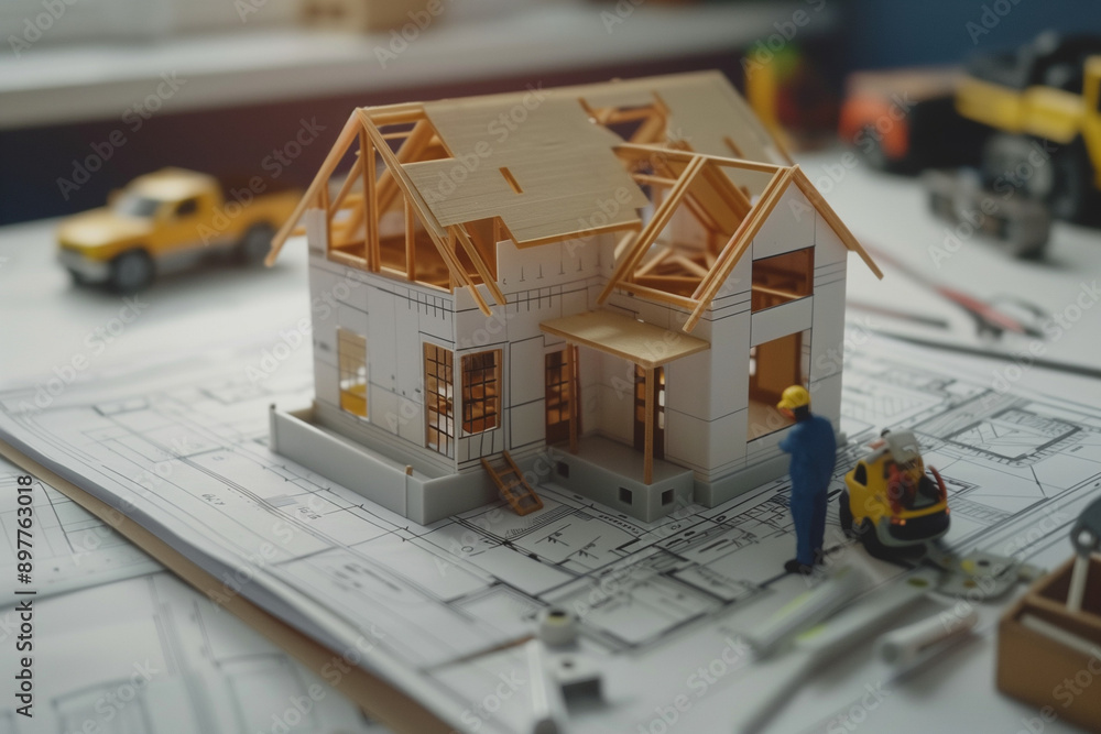 Poster building house on blueprints with worker - construction project