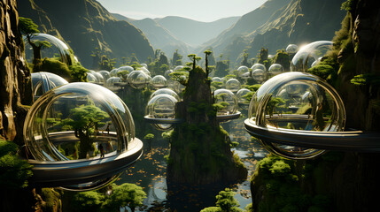 A futuristic, fantastical landscape of transparent domes nestled in a lush valley with a reflective stream running through the middle. 