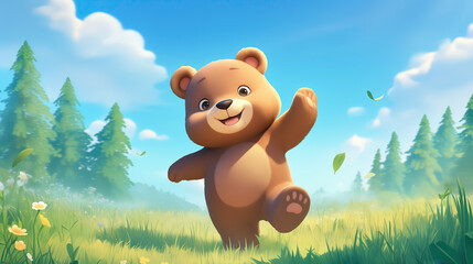 Cute and happy little baby bear in the middle of nature