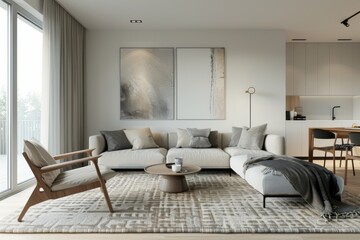 Interior of modern living room with white walls, wooden floor, comfortable gray sofa standing near round coffee table and two vertical posters.