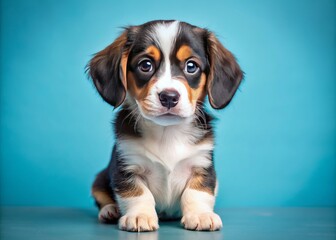 Adorable tricolor puppy with bright eyes and floppy ears sits against soft blue background, exuding playful innocence and irresistible cuteness.