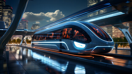 A futuristic, sleek, and modern train travels through a city at night. It's designed to be a high-speed transportation system with a minimalist aesthetic.