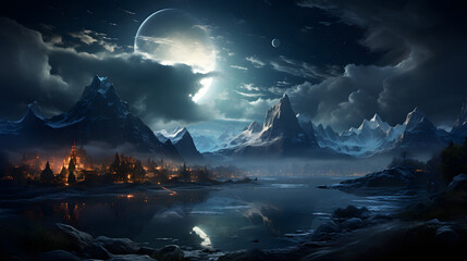 A mystical landscape with snow-capped mountains, a shimmering lake, and a mysterious city nestled at its foot. A crescent moon and stars adorn the night sky.