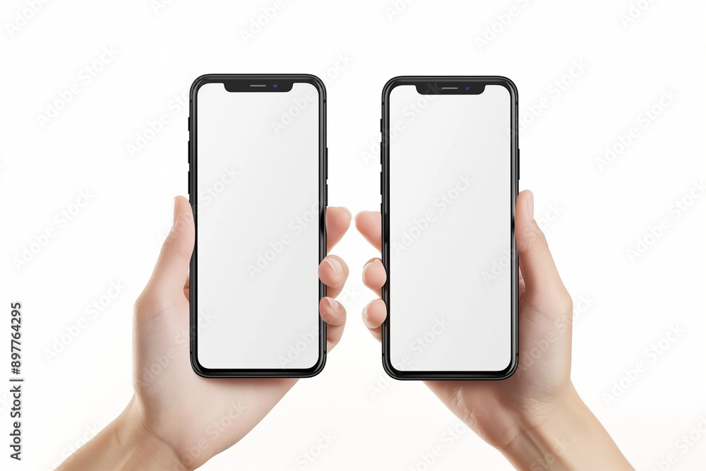 Aufkleber Hand holding the black smartphone phone with blank screen and modern frameless design in two rotated perspective positions - isolated on white background - Clipping Path