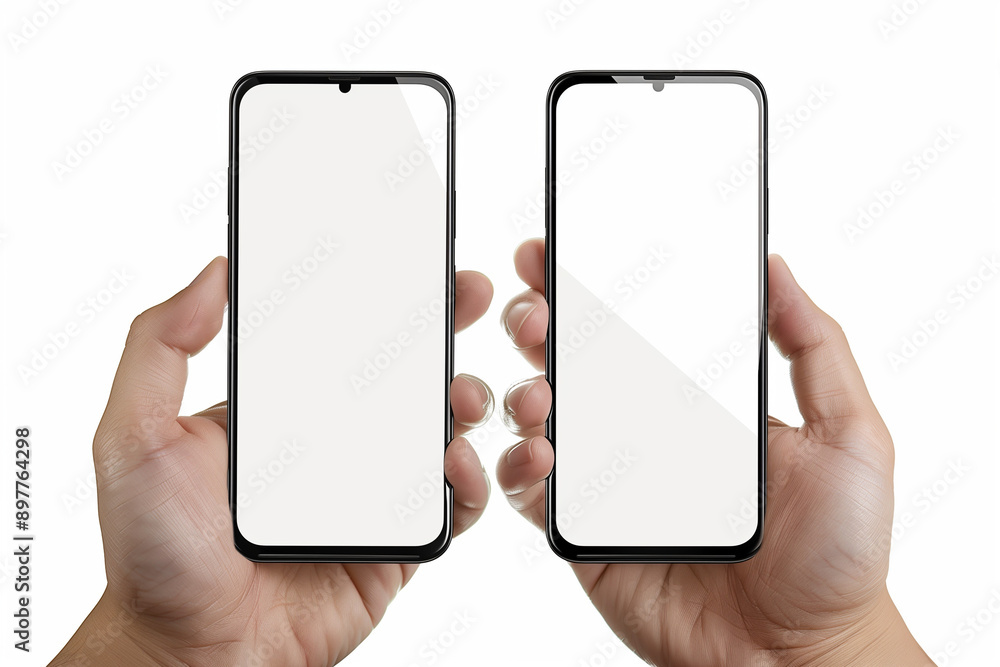 Poster hand holding the black smartphone phone with blank screen and modern frameless design in two rotated