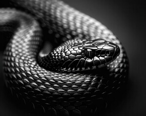 Obraz premium Design a minimalist banner with a rattlesnakes scales detailed in high contrast, set against a black background with room for text