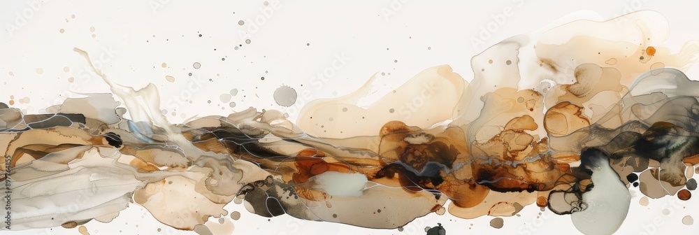 Poster abstract artwork featuring dynamic ink splashes in brown and beige earth tones with fluid motion and