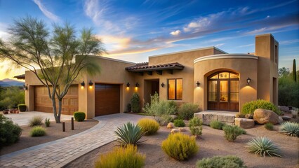 Warm beige stucco exterior with rustic wood accents, curved architecture, and lush green desert landscaping surrounds a single-family home in Tucson's arid southwestern landscape.
