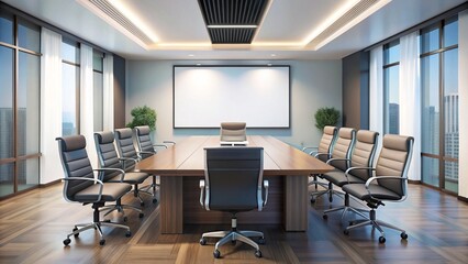 Business concept illustration depicting a modern conference room with a projector screen and empty chairs, awaiting a presenter to share innovative ideas.