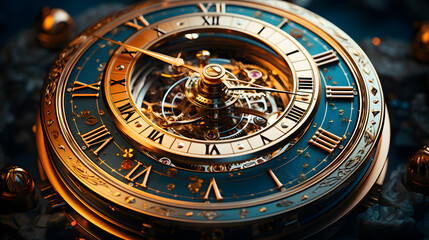 A close up of a beautiful antique clock with intricate details and a complex clockwork.  The clock face is decorated with gold and has roman numerals.