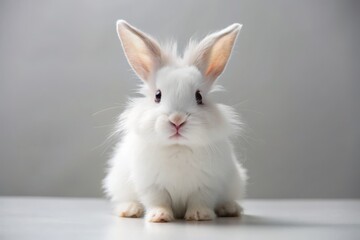 Fototapeta premium Adorable white rabbit with fluffy fur and bright brown eyes sitting alone on a transparent background, looking innocent and cute with soft focus effect.