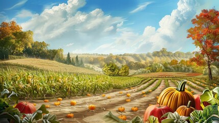 A bountiful autumn harvest is seen in a rural field, featuring rows of corn, scattered pumpkins, and a red apple.