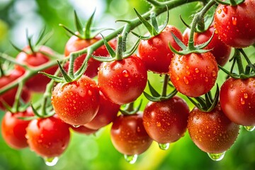 Obraz premium Freshly ripened cherry tomatoes cling to a lush green vine, their vibrant red skin glistening with dew, set against a pristine transparent background.