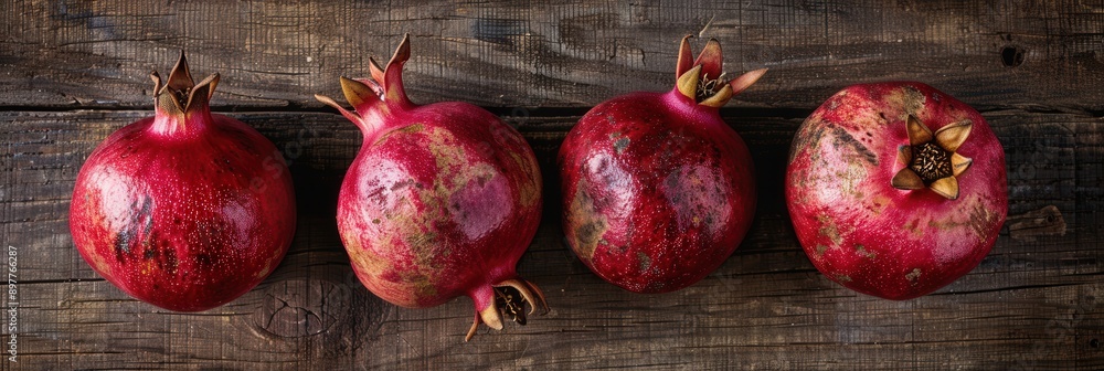 Poster three red, ripe pomegranates sit in a row on a rustic wooden surface.