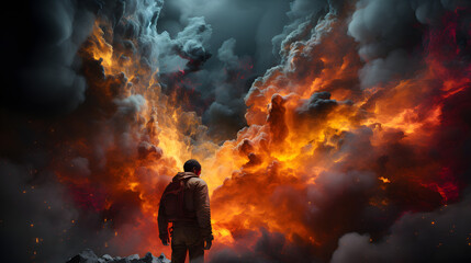 A lone figure stands before a wall of raging fire and smoke, as if facing an insurmountable challenge or an unknown fate. 