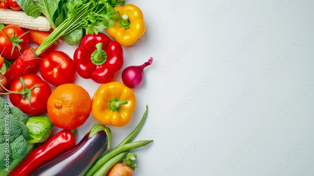 Poster Fresh colorful vegetables on a light background. Vibrant red, yellow, and green peppers with tomatoes, eggplant, and greens. Perfect for healthy eating, recipe blogs, and vegetarian concepts. AI