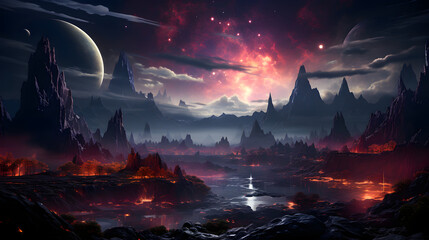 A surreal and dramatic landscape with jagged mountains, glowing red skies, and a river of lava winding through the valleys.